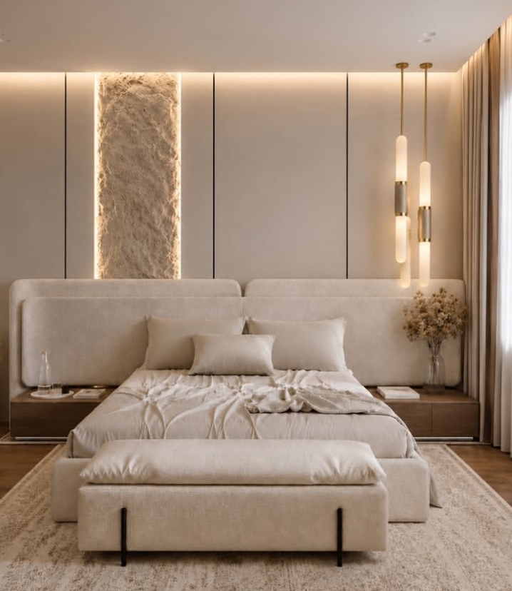 Bedroom with textured marble-alternative feature panel and upholstered headboard wall