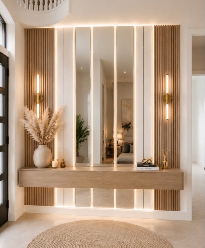 Entryway with fluted wood-alternative slat panelling, backlit mirror wall and floating console