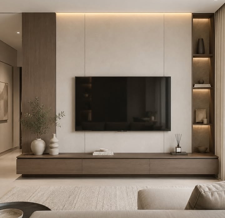 Living room media wall with wood-alternative cladding and integrated display niches